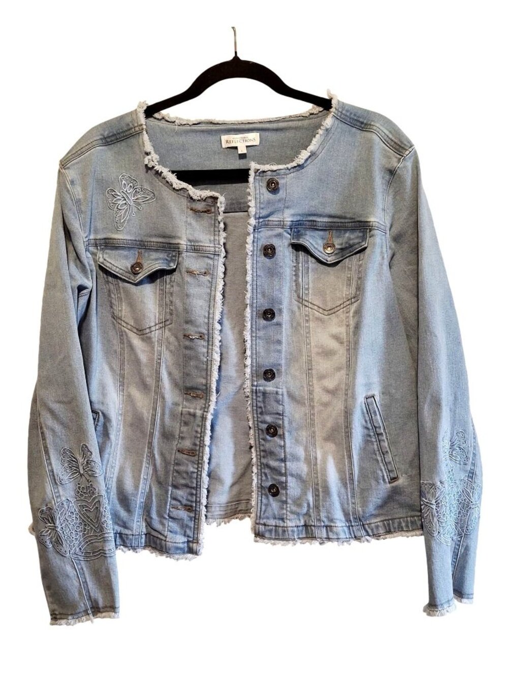 Northern Reflections Light Denim Jacket With Frayed Trim Embroidered Butterfly D